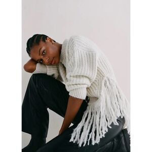 Mango Fringe Knit Sweater Ecru New